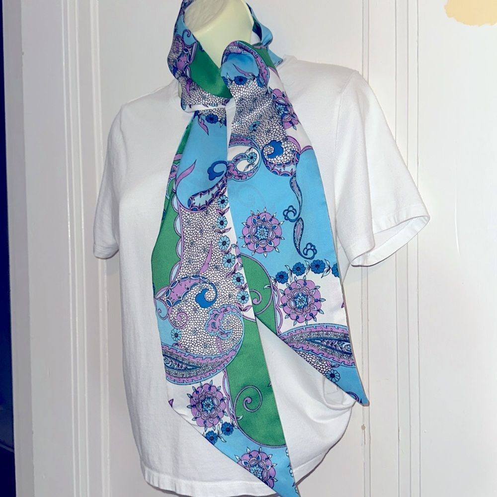Vtg mid century modern purple, green, blue & white paisley long polyester scarf